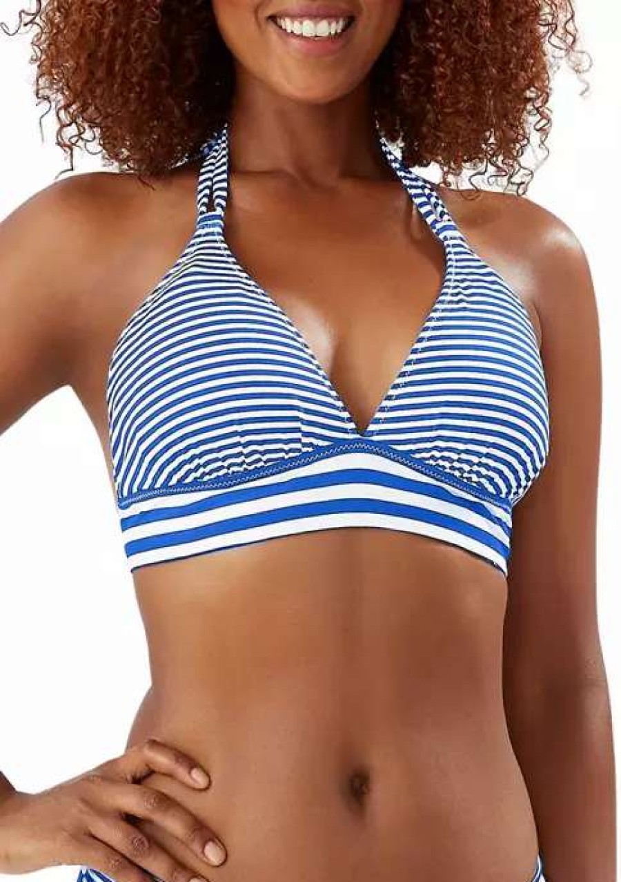 Women * | Tommy Bahama Breaker Bay Reversible Double Strap Swim Halter Top Beaming Blue