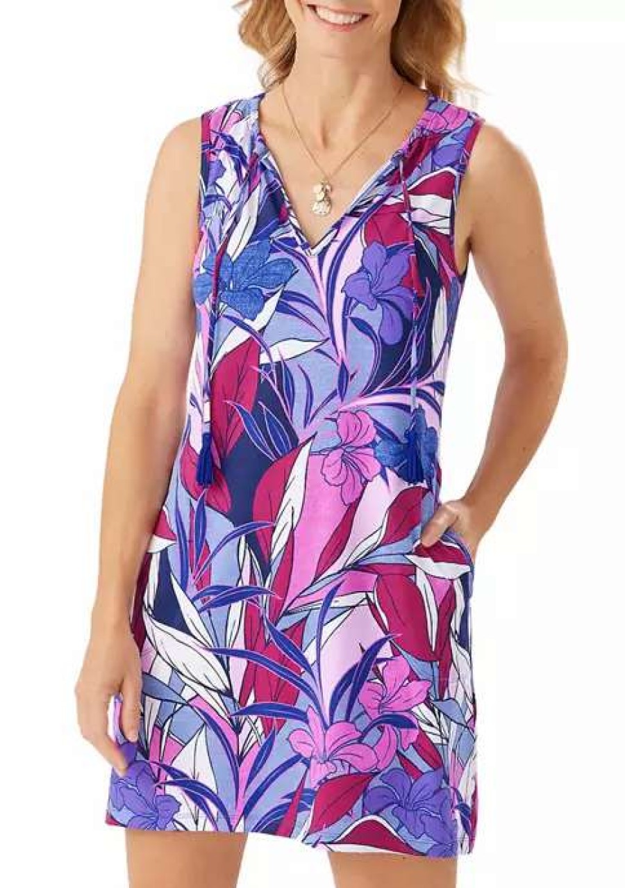 Women * | Tommy Bahama Linework Leaves Split Neck Spa Dress Swim Coverup Blue Monday