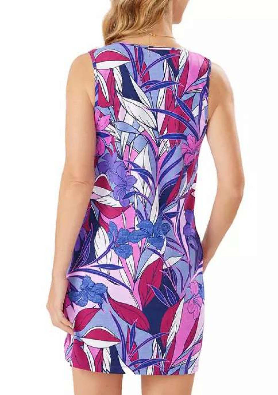 Women * | Tommy Bahama Linework Leaves Split Neck Spa Dress Swim Coverup Blue Monday