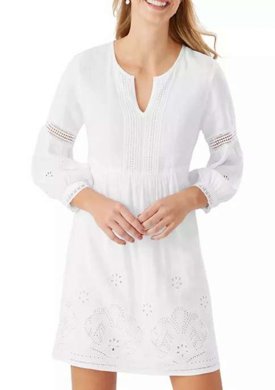 Women * | Tommy Bahama Women'S St. Lucia Full Sleeve Split Neck Dress White