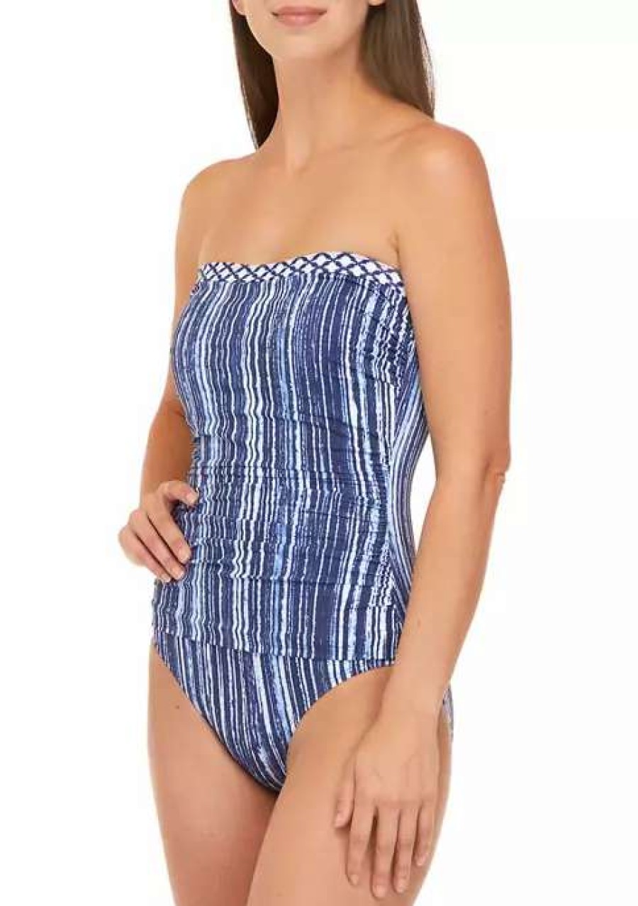 Women * | Tommy Bahama Sanibelle Blues Shirred Bandeau Swimsuit Mare Navy