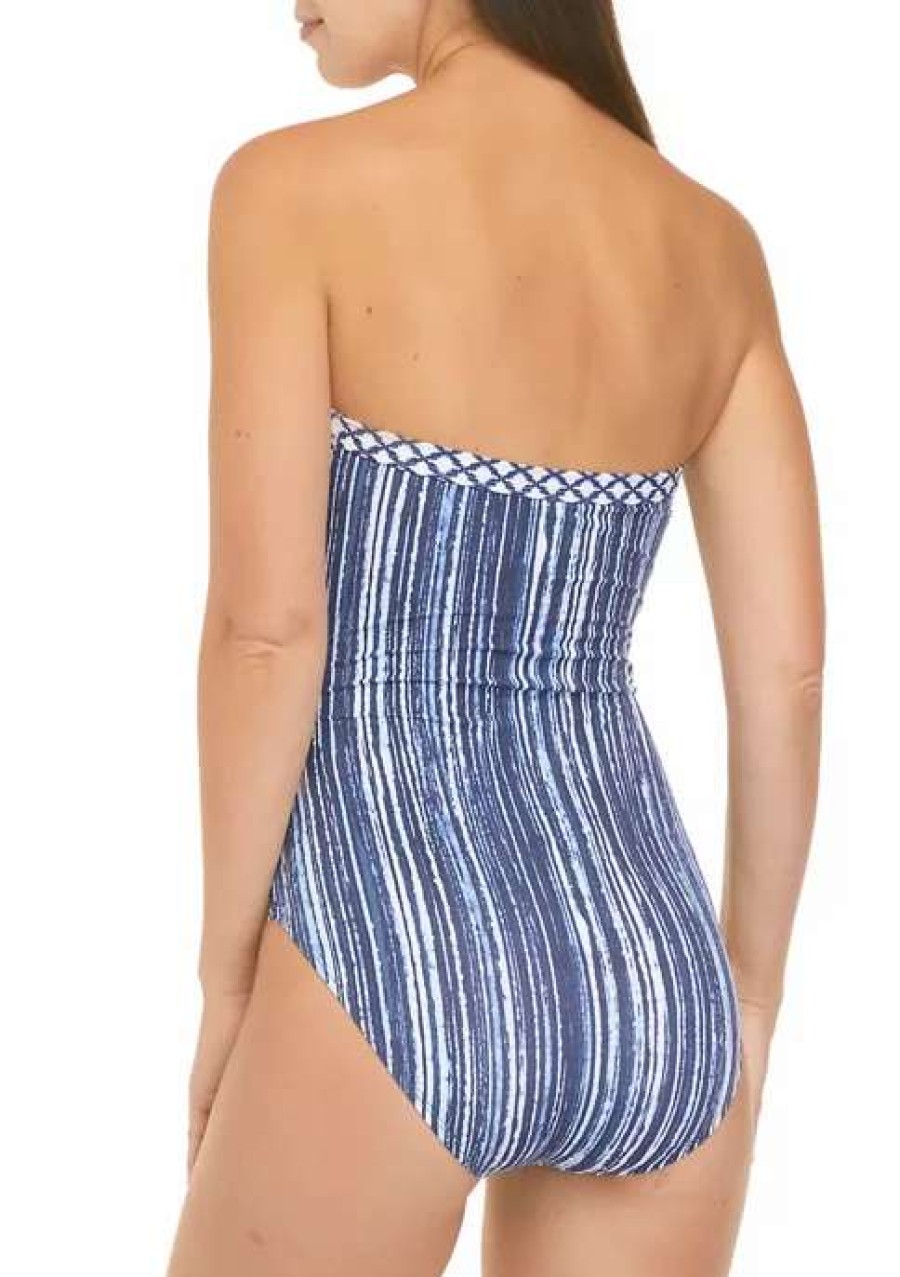 Women * | Tommy Bahama Sanibelle Blues Shirred Bandeau Swimsuit Mare Navy