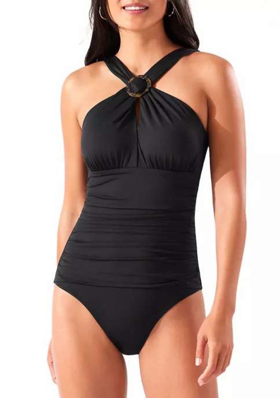 Women * | Tommy Bahama Pearl Solid Over The Shoulder High Neck One-Piece Swimsuit Black