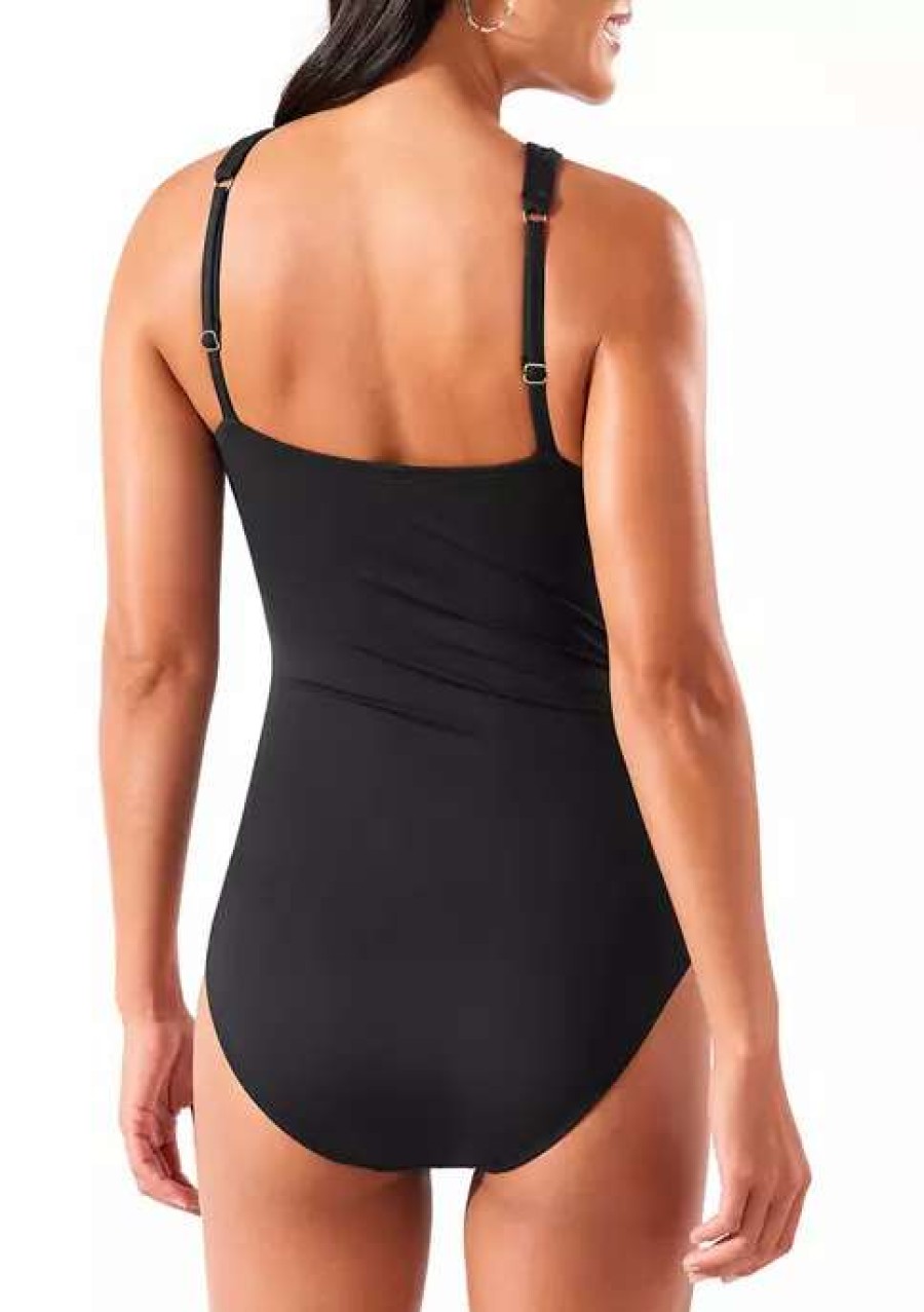 Women * | Tommy Bahama Pearl Solid Over The Shoulder High Neck One-Piece Swimsuit Black